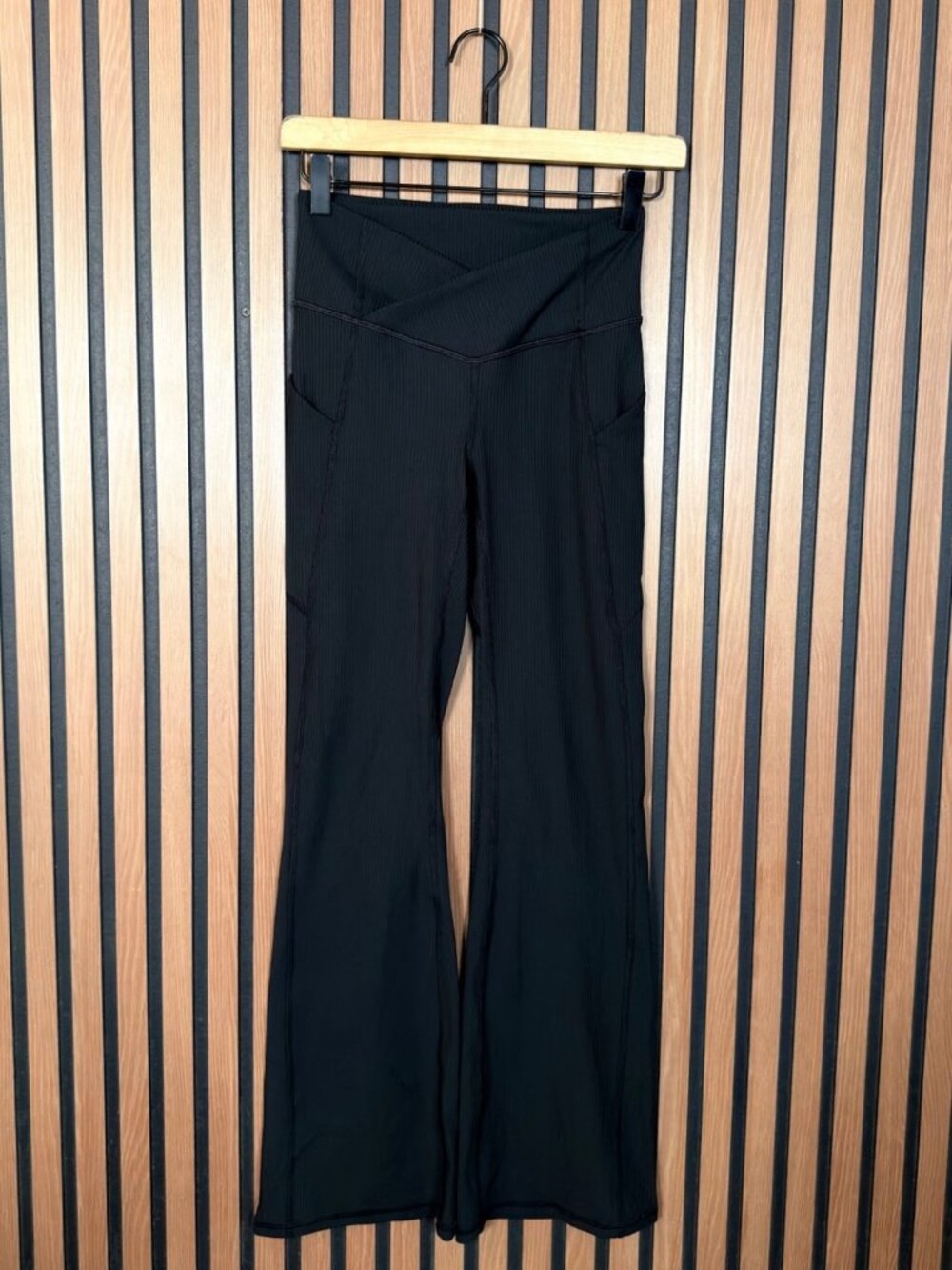Fabletics Leggings S / M Womens Black Ribbed Flared Faux Wrap High Waisted